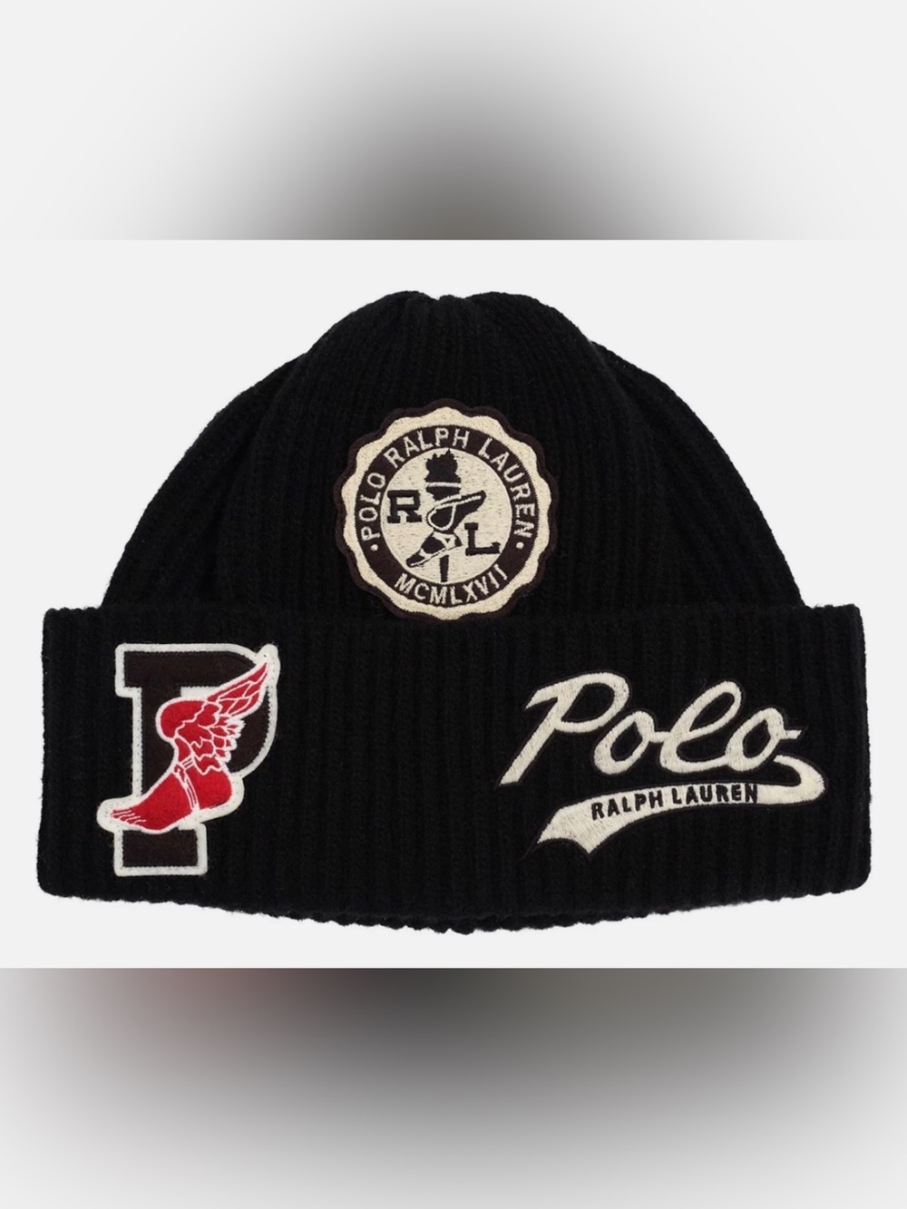 Polo Ralph Lauren Black WINGED FOOT “P” PATCH Logo Ribbed Knit Beanie Cap Hat